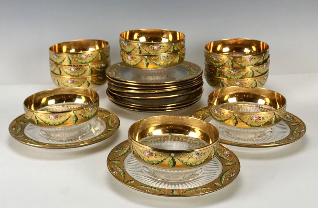 SET OF 10 ENAMELLED MOSER FINGER BOWLS AND PLATES (1 of 3)