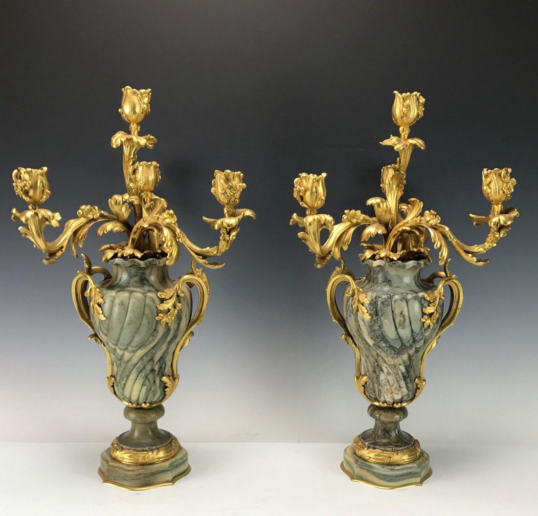 A SUPERB PAIR OF DORE BRONZE MOUNTED MARBLE CANDELABRA (1 of 3)