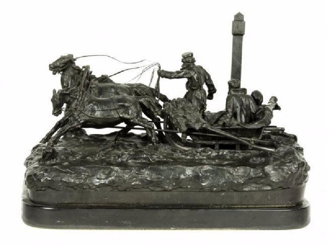 RUSSIAN BRONZE AFTER VASILY GRACHEV: Russian Bronze figural group of Winter Troika. The troika driver leading the horses through the snowy landscape, with his occupants, â€œWinter Troikaâ€, signed in Cyrillic 'Grachev' on base, in