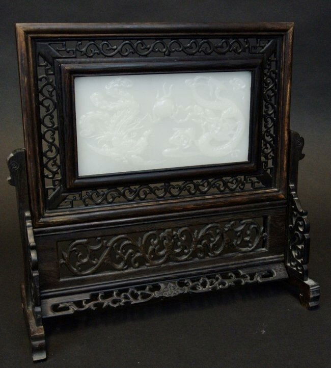 CHINESE WHITE JADE AND CARVED WOOD TABLE SCREEN (1 of 3)