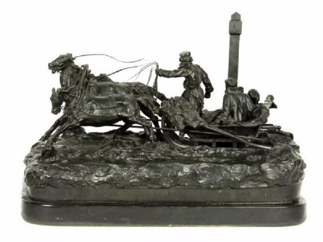 RUSSIAN BRONZE AFTER VASILY GRACHEV: Russian Bronze figural group of Winter Troika. The troika driver leading the horses through the snowy landscape, with his occupants, Ã¢â‚¬Å“Winter TroikaÃ¢â‚¬, signed in Cyrillic 'Grach