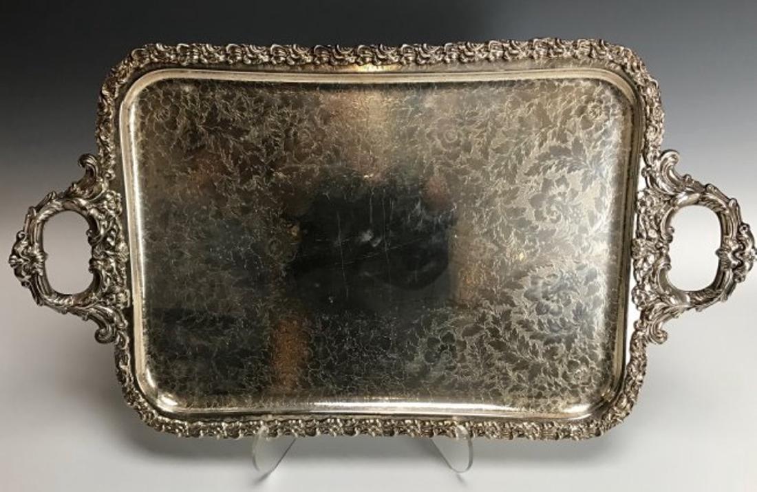 A LARGE ENGLISH SILVER PLATE TRAY (1 of 3)