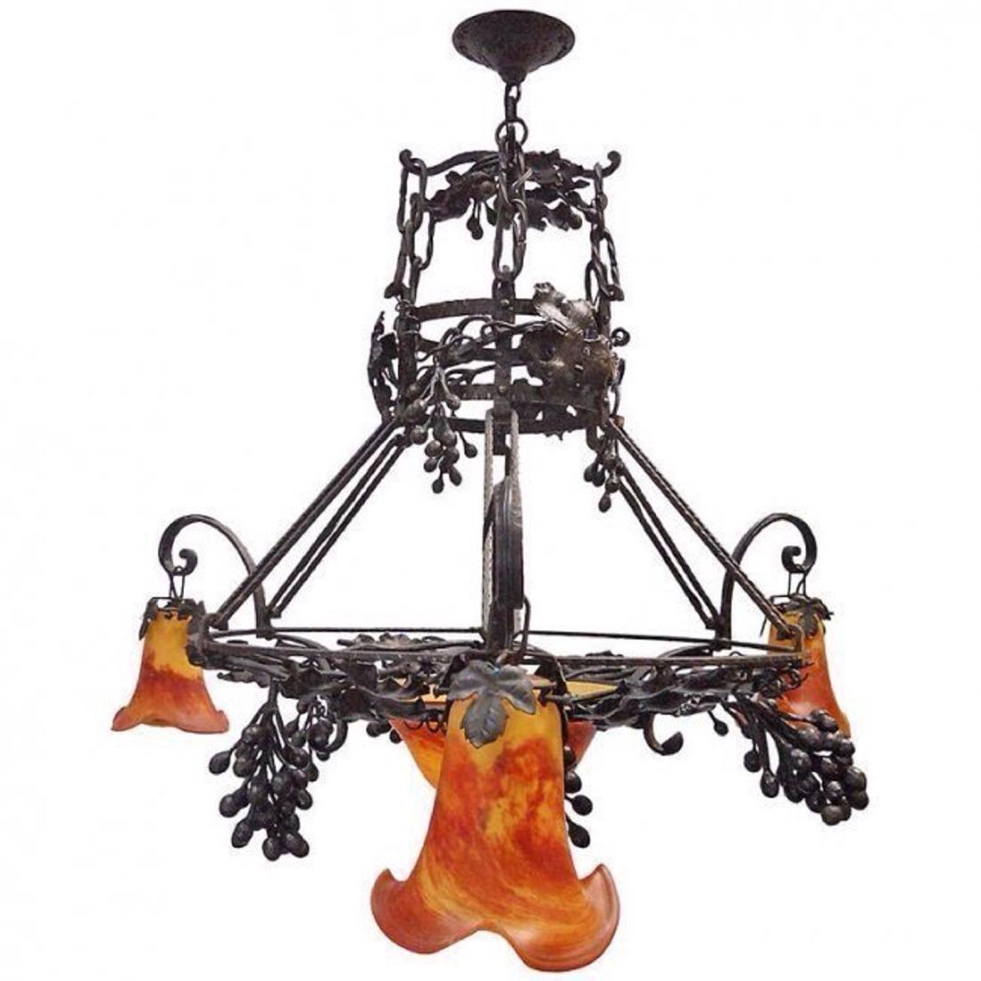 ART NOUVEAU FRENCH ART GLASS & WROUGHT IRON CHANDELIER (1 of 1)