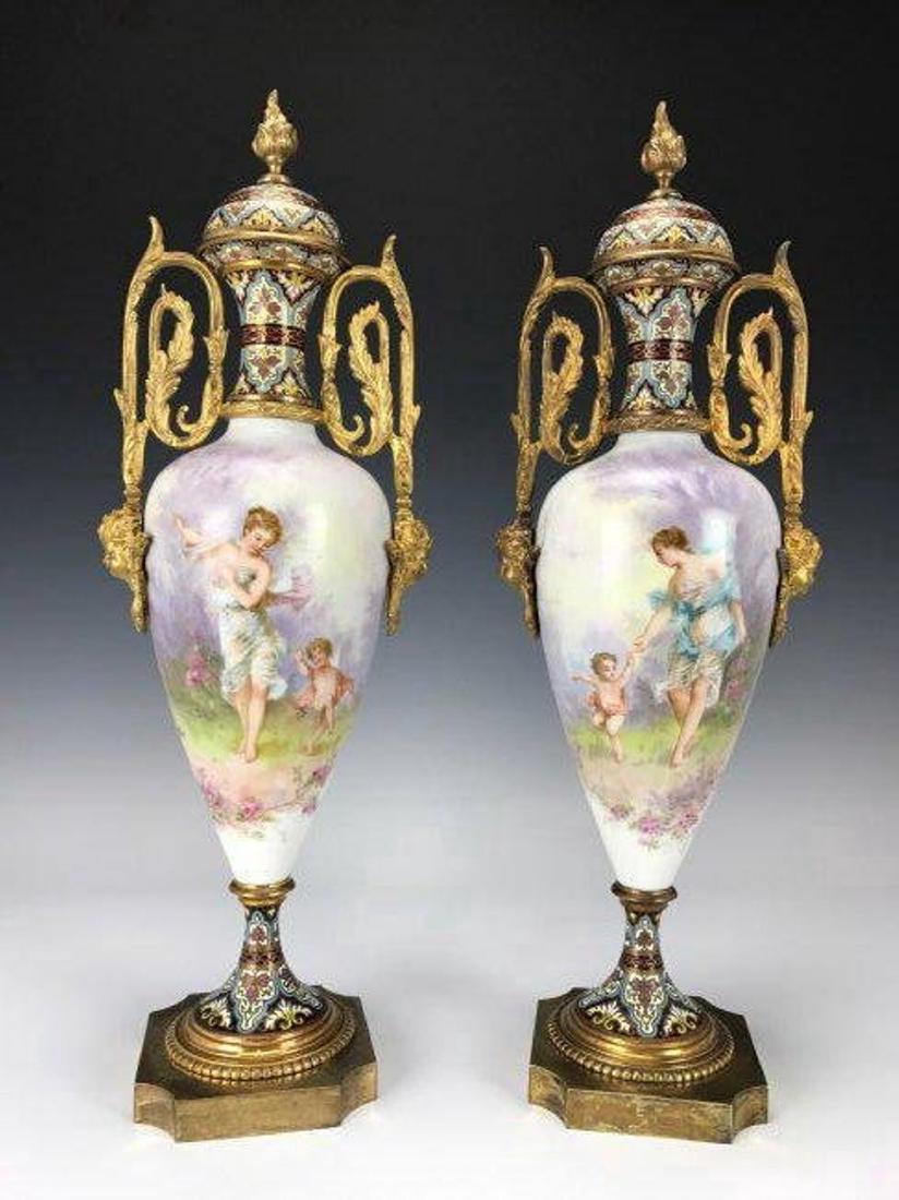 A LARGE PAIR OF FRENCH CHAMPLEVE ENAMEL & SEVRES VASES (1 of 6)