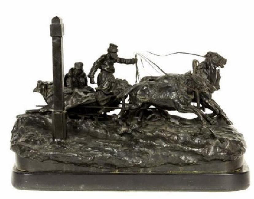 RUSSIAN BRONZE AFTER VASILY GRACHEV: Russian Bronze figural group of Winter Troika. The troika driver leading the horses through the snowy landscape, with his occupants, ÃƒÂ¢Ã¢â€šÂ¬Ã…â€œWinter TroikaÃƒÂ¢Ã¢â€š