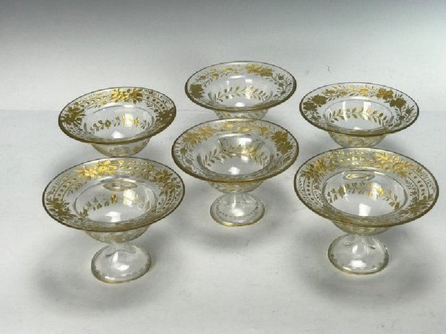 SET OF 6 GILT MOSER ICECREAM DISH: Circa 1900. Measuring 5.5" D. 5 in good condition, one chipped. Estimate $500-600
