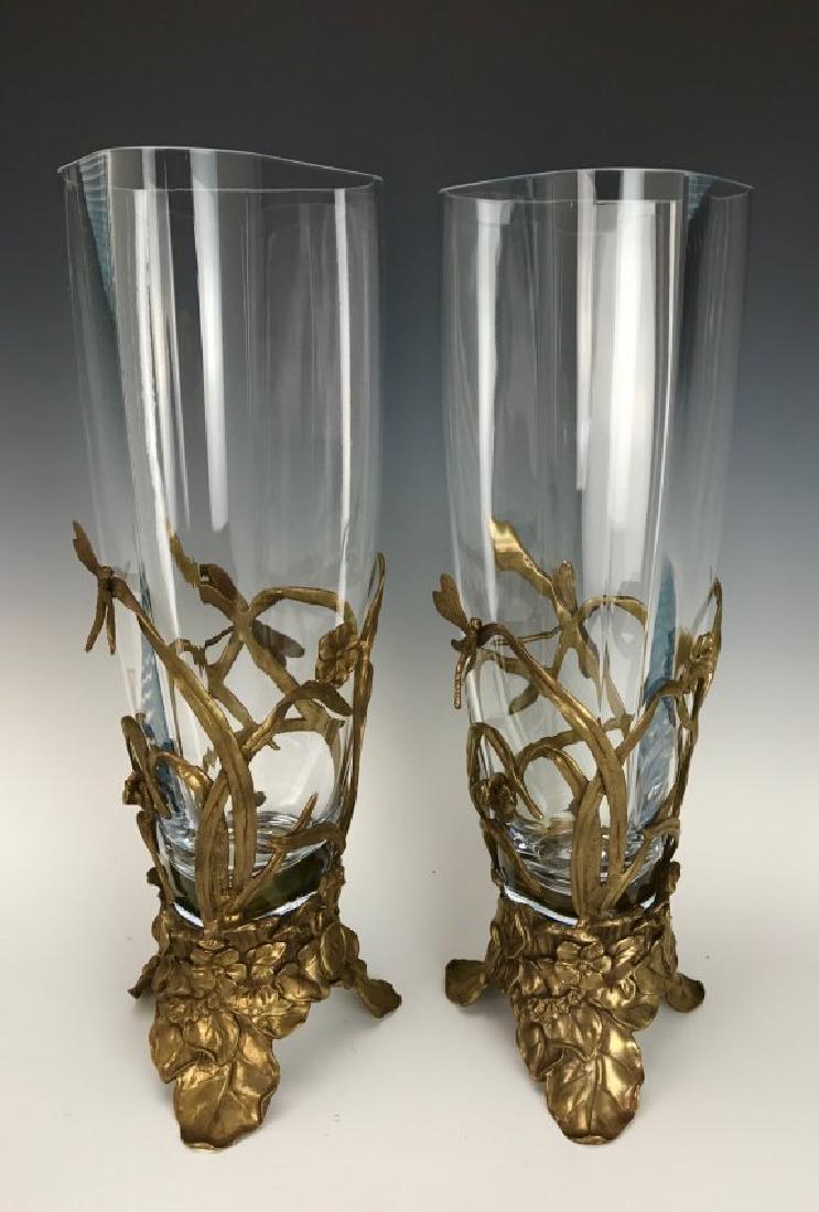 A LARGE PAIR OF ART NOUVEAU DORE BRONZE & GLASS VASES (1 of 5)