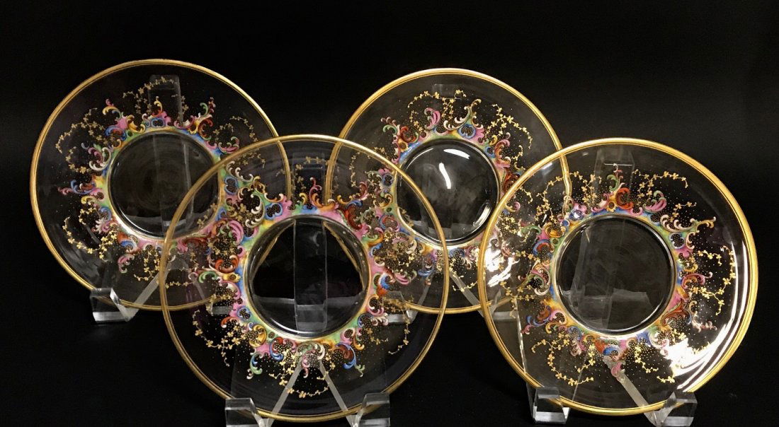 SET OF 4 ENAMELED MOSER PLATES: Circa 1900. Measure 7.5" Diameter. Excellent condition. Estimate $400-500