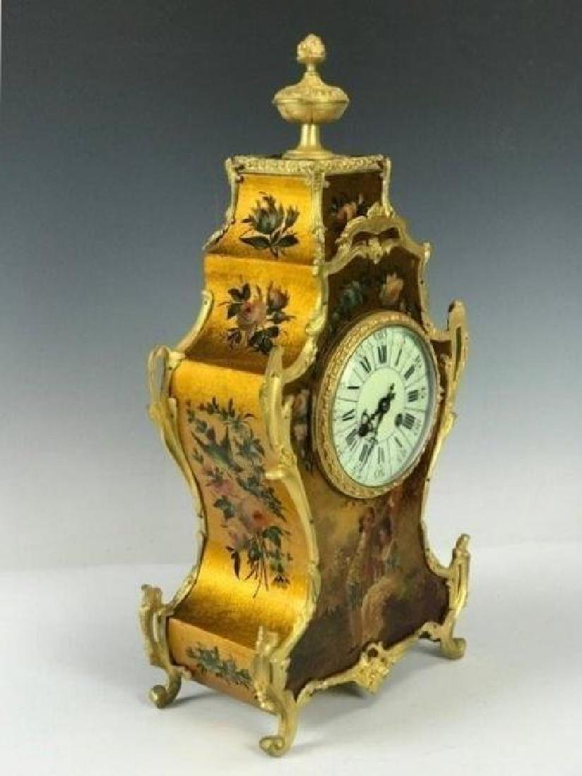 19TH C. FRENCH ORMOLU MOUNTED VERNIS MARTIN CLOCK: French vernis Martin clock , measures 19" High. Excellent condition. Estimate $1.200-1.500