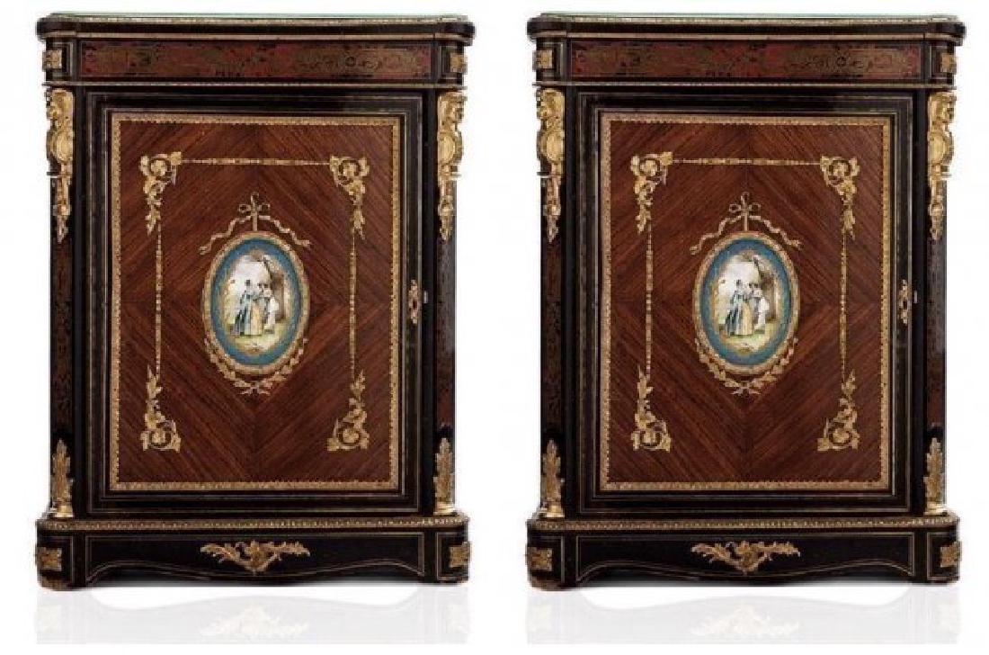 A PAIR OF LOUIS XVI STYLE ORMOLU AND SEVRES COMMODES: Measure 45"Wide x 36" High x 15.5" Deep . Circa 1880. Estimate $6.000-8.000