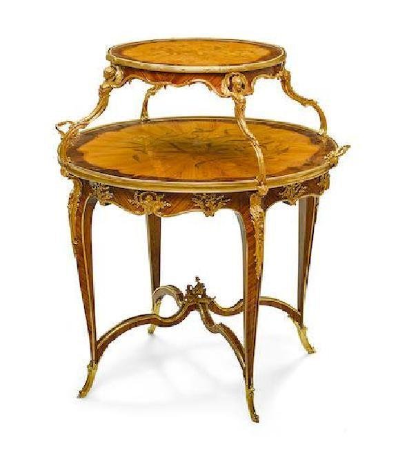 LOUIS XVI STYLE ORMOLU MOUNTED AND MARQUETRY TEA TABLE: LOUIS XVI STYLE GILT BRONZE MOUNTED AND MARQUETRY INLAID TWO TIER TEA TABLEDimensions : height 36in (91.5cm); width 31 3/4in (80.5cm); depth 29 3/4in (75.5cm).Estimate $15.000-20.000