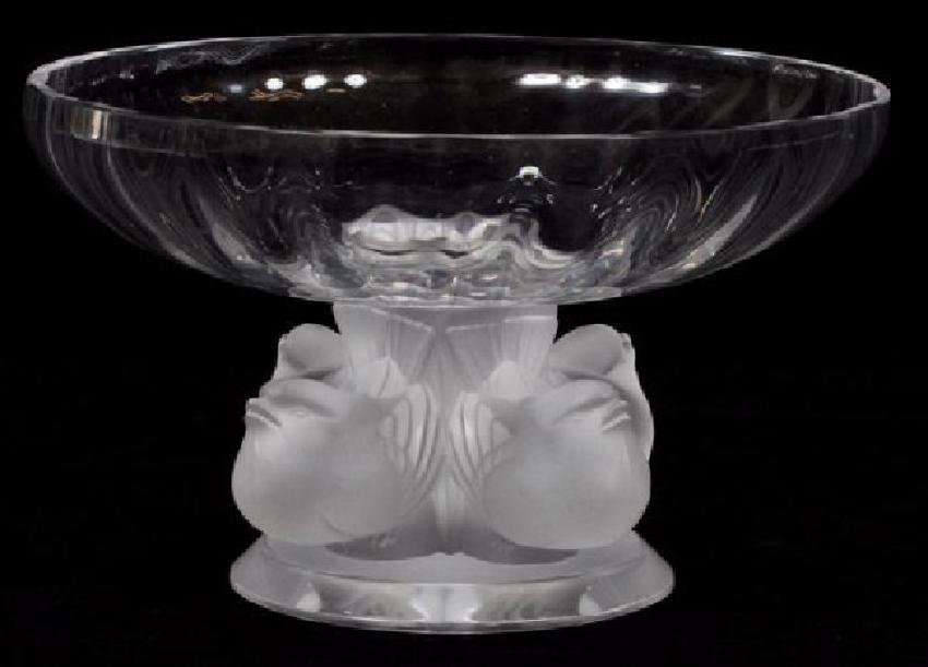 LALIQUE CLEAR & FROSTED GLASS COMPOTE: 5.5" Diameter. In excellent condition. Estimate $400-600