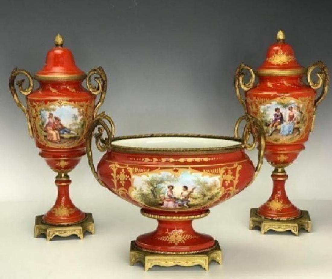 ANTIQUE SEVRES STYLE ORMOLU MOUNTED PORCELAIN GARNITURE (1 of 3)