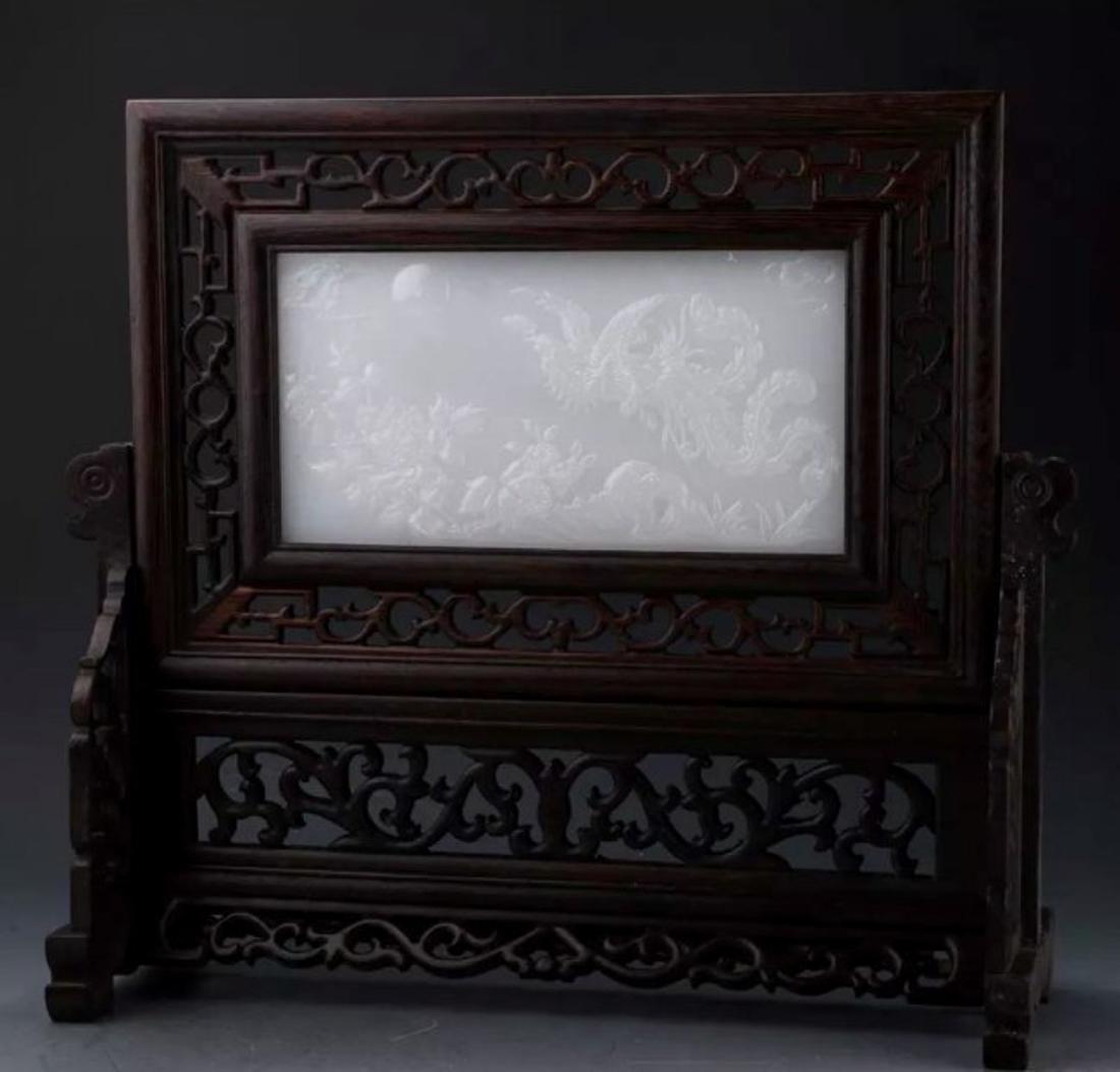 CHINESE CARVED WOOD AND WHITE JADE TABLE SCREEN (1 of 2)