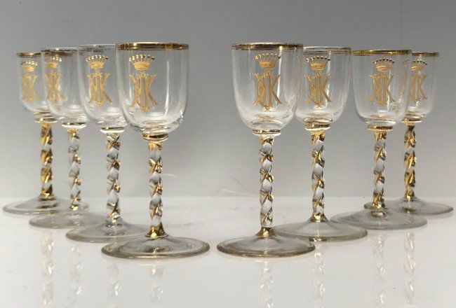 SET OF 8 GILT MOSER SHOT GLASSES: Circa 1900. Good condition, minor gilt loss. Estimate $300-400