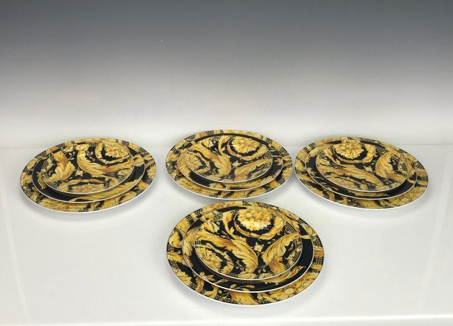 VERSACE DINNER SET FOR 4 BY ROSENTHAL: Total 12 Pieces , 4 large dinner plates 11.5" D. , 4 salad plates, and 4 bread and butter plates.Estimate $1.000-1.200