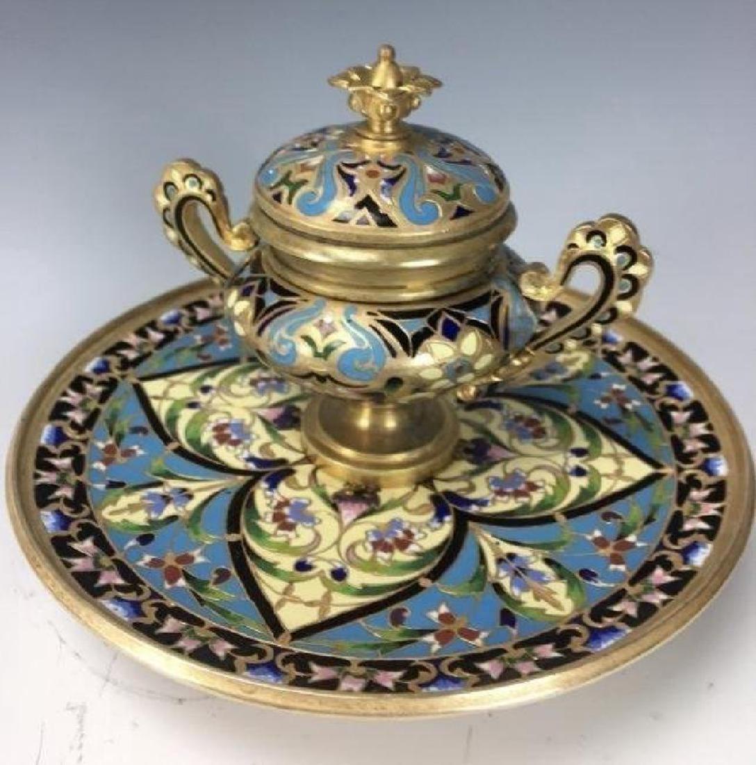 19TH CENTURY CHAMPLEVE ENAMEL INKWELL: Measures 6" D. Estimate $400-500