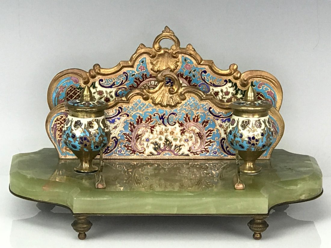 19TH C. FRENCH CHAMPLEVE ENAMEL & ONYX INKWELL: Measures 10" L. Estimate $600-800