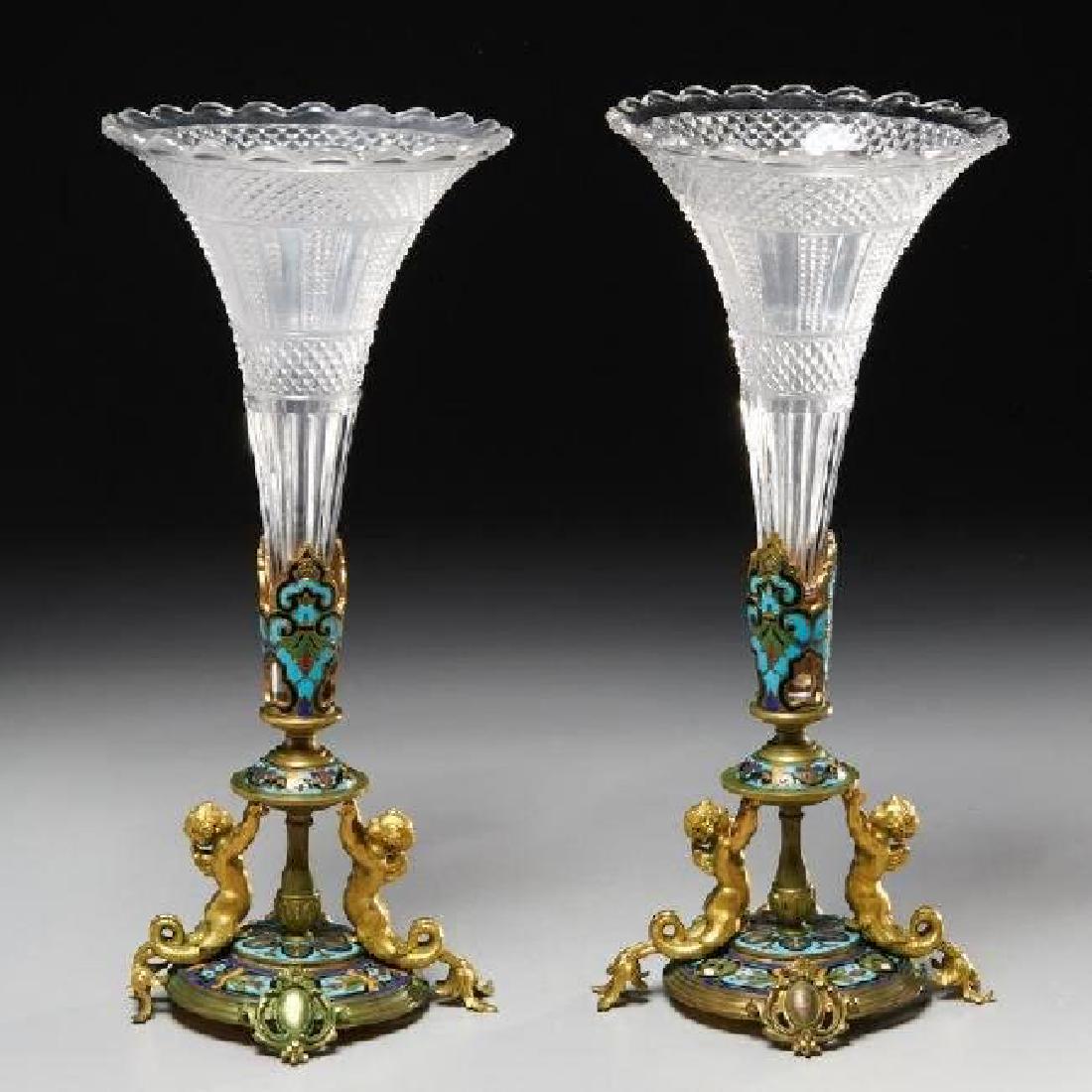 19TH C. CHAMPLEVE ENAMEL AND BACCARAT STYLE GLASS VASES (1 of 1)