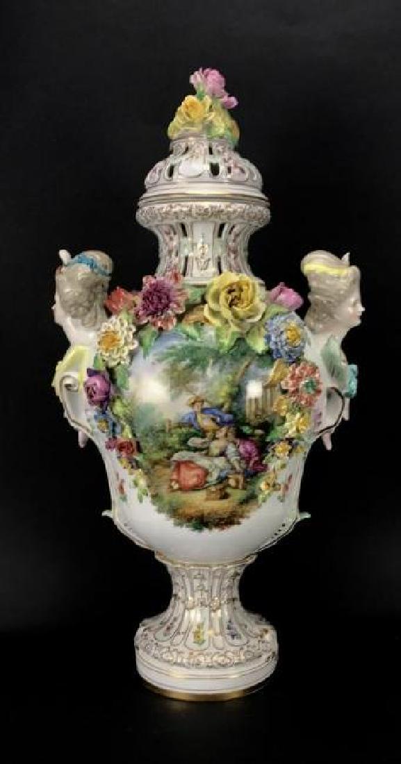 A LARGE ANTIQUE DRESDEN PORCELAIN VASE 22" HIGH (1 of 3)