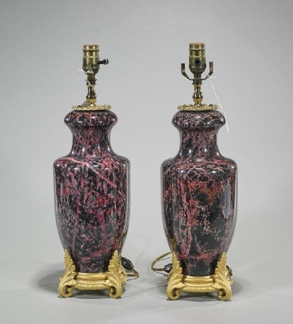 A PAIR OF ORMOLU MOUNTED MARBLE LAMPS: Measure 20" High. Good condition. Estimate $600-800