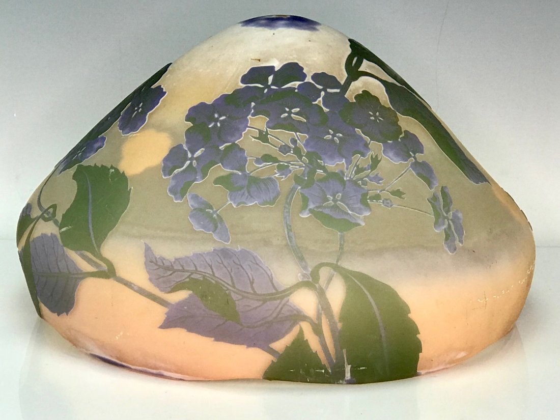 AUTHENTIC ANTIQUE GALLE CAMEO GLASS LAMP SHADE: Measures 13" D. Good condition, no breaks, no cracks, scuffs consistant with age. Estimate $3.000-4.000