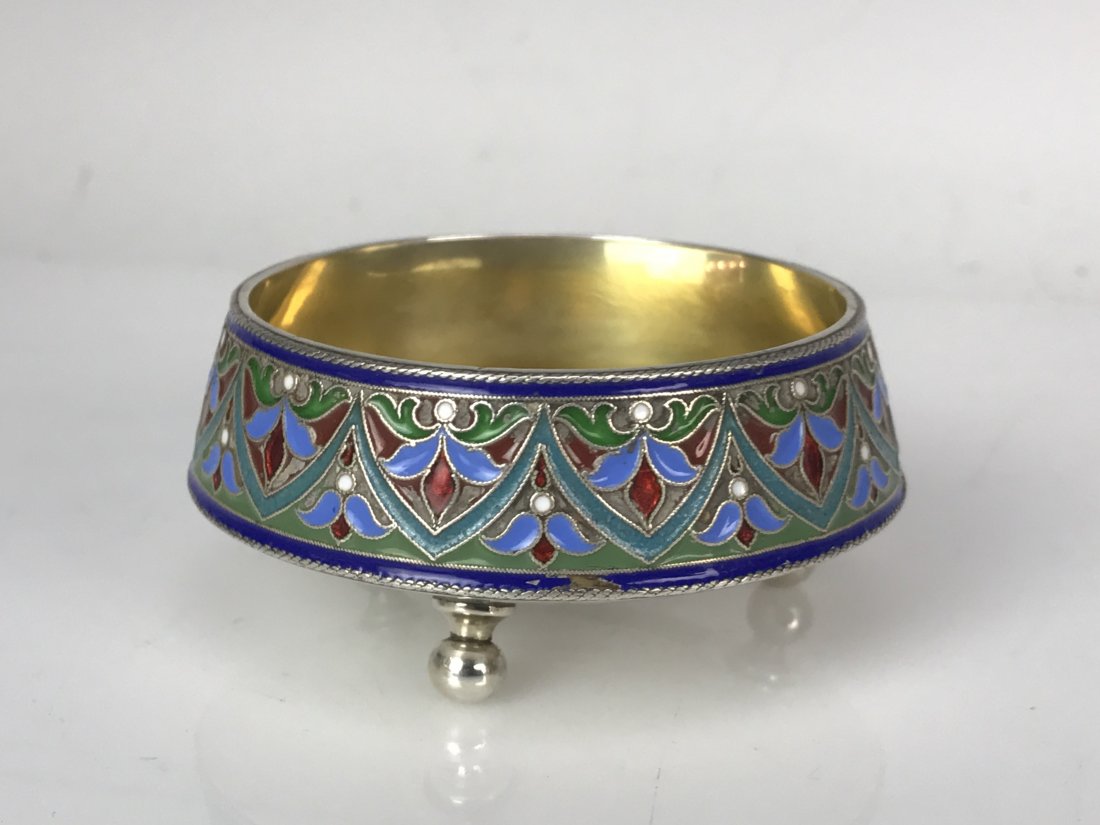 RUSSIAN ENAMEL SILVER SALT BY GRACHEV: Circa 1880. Measures 2.75" D. Marked 88 and signed Grachev. Excellent condition. Estimate $800-1.000