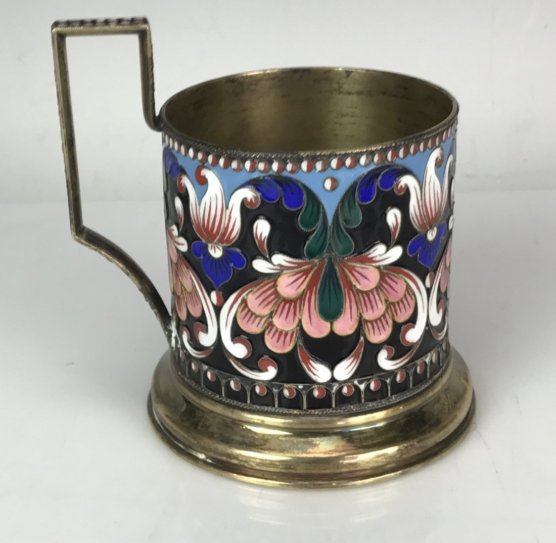 RUSSIAN SILVER ENAMEL CUP HOLDER: Marked 916 , with maker\'s initials in crylic. Weighs 180 grams. Excellent condition. Estimate $1.200-1.500