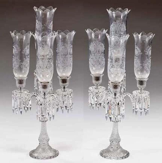 A PALATIAL PAIR OF ZENITH BACCARAT 5 LIGHT CANDELABRA: Measures 32" High. Acid etched Baccarat mark. Estimate $10.000-12.000 . Retails for $32.000 at the Baccarat stores.