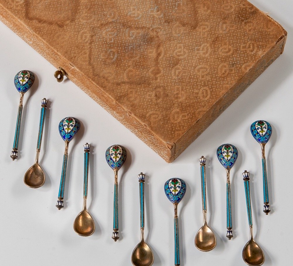 SET OF 11 RUSSIAN SILVER ENAMEL TEA SPOONS (1 of 3)
