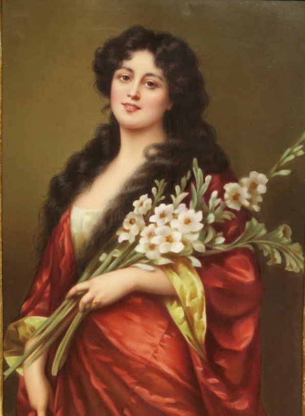 BERLIN KPM PORCELAIN PLAQUE: KPM plaque "Gladiola", depicts a young girl holding a large Bouquet of Gladiolus flowers , Set in an original Giltwood Florentine carved Italian framemarked KPMsize 9.75"x7 5/8" Unframed. framed 14.5"