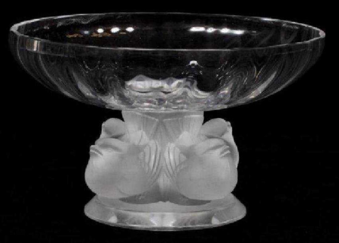 LALIQUE CLEAR & FROSTED GLASS COMPOTE: 5.5" Diameter. In excellent condition. Estimate $400-600