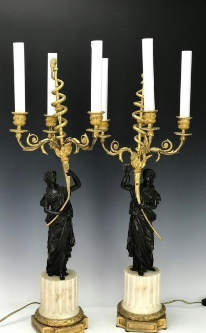 A VERY FINE PAIR OF BRONZE AND MARBLE CANDELABRA (1 of 3)