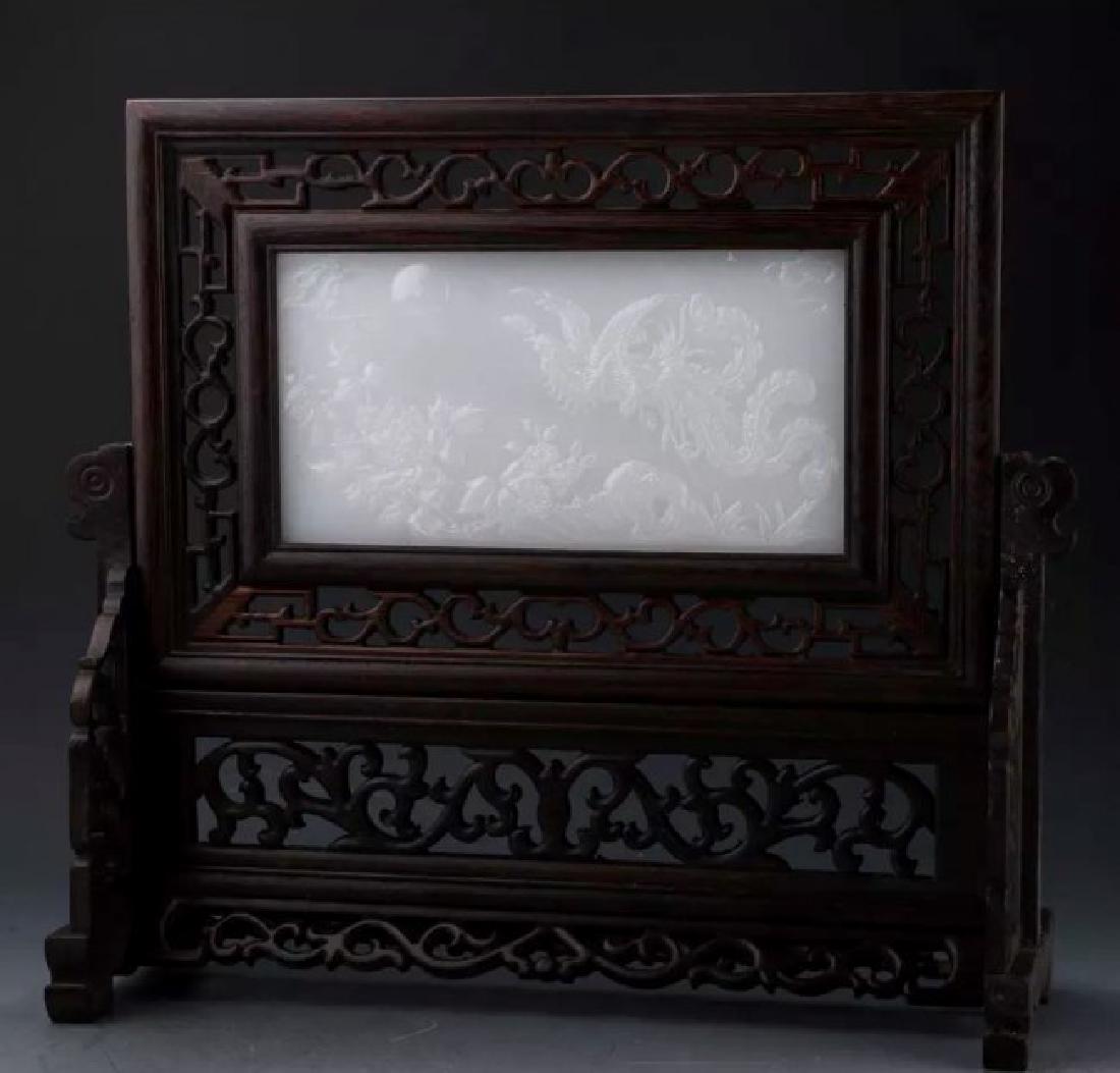 CHINESE CARVED WOOD AND WHITE JADE TABLE SCREEN (1 of 2)