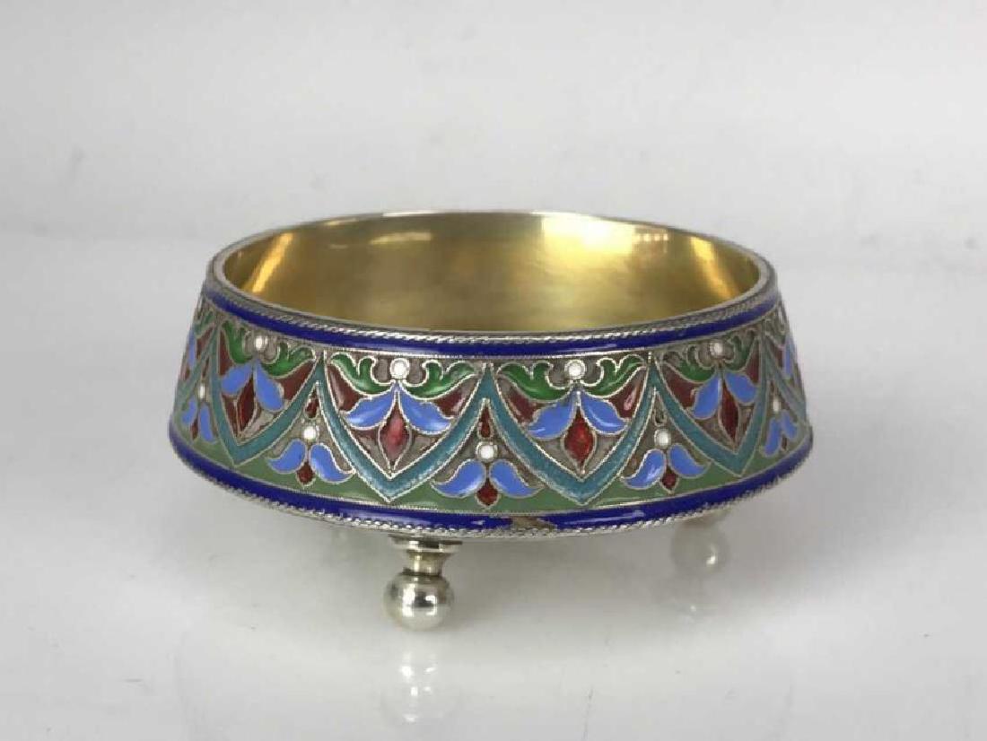 RUSSIAN ENAMEL SILVER SALT BY GRACHEV: Circa 1880. Measures 2.75" D. Marked 88 and signed Grachev. Excellent condition. Estimate $800-1.000