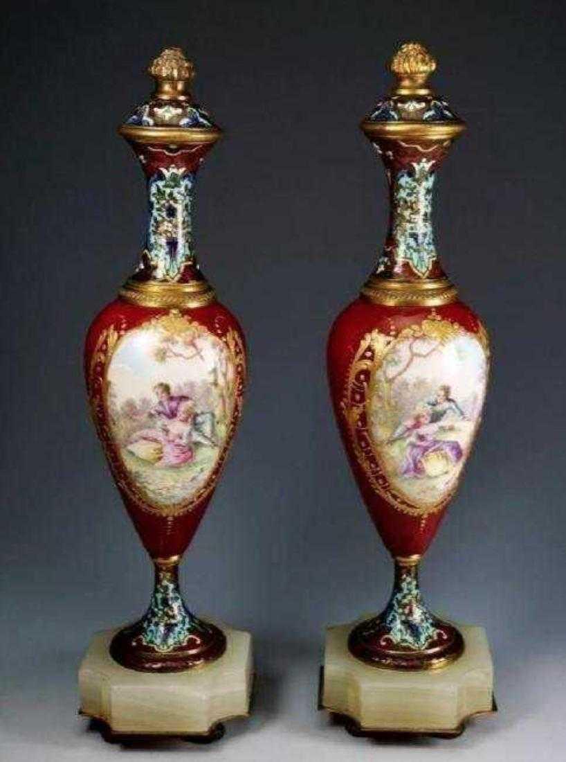PAIR OF CHAMPLEVE ENAMEL & SEVRES PORCELAIN VASES (1 of 1)