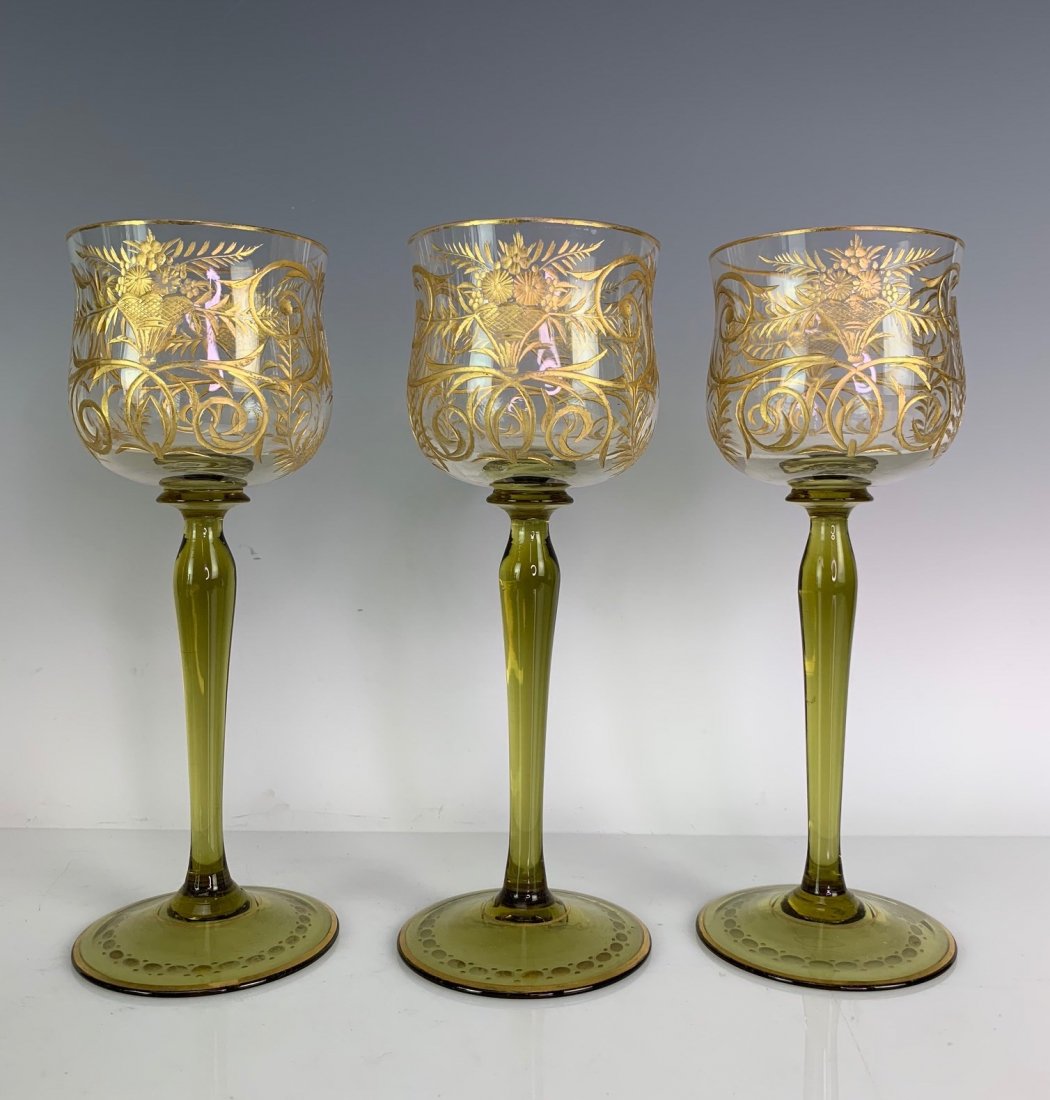 SET OF 3 GILT MOSER WINE GLASSES: Circa 1900. Measure 7.5" H. All in good condition. Estimate $200-300