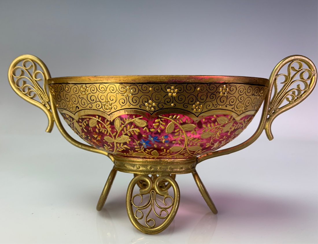 VERY FINE ORMOLU MOUNTED ENAMELED MOSER BOWL: Circa 1900. Measures 6" L. Excellent condition. Estimate $600-800