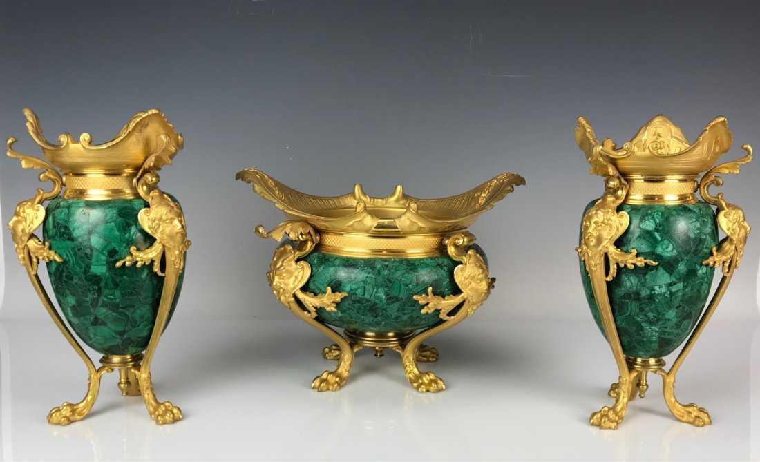 19TH C. DORE BRONZE & MALACHITE 3 PIECE GARNITURE (1 of 3)