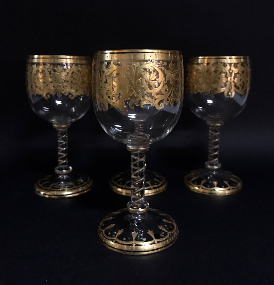 SET OF 4 GILT MOSER WINE GLASSES: Circa 1900. Measure 6.5" High. All in perfect condition. Estimate $500-600