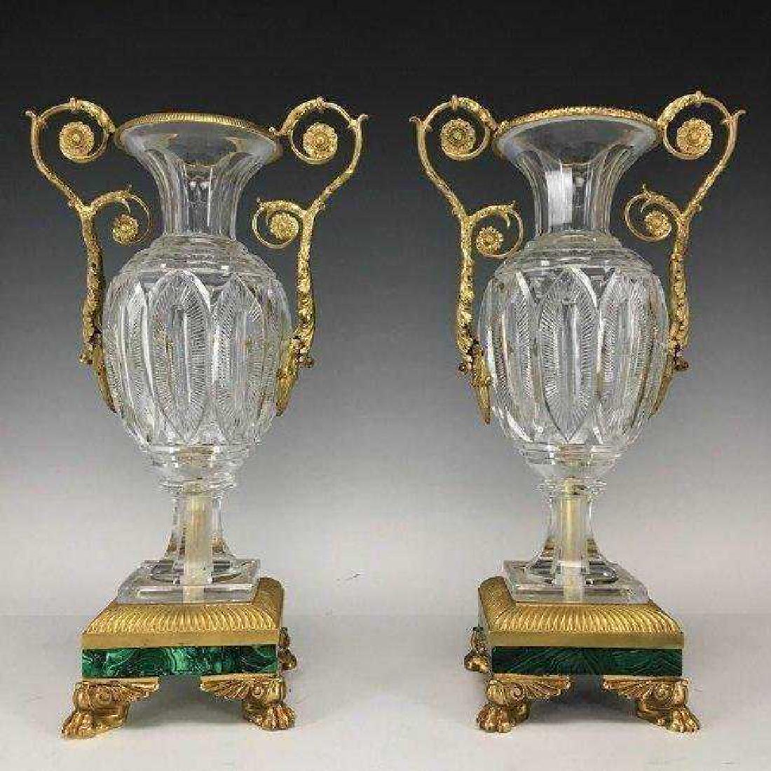 A PAIR OF ORMOLU MOUNTED BACCARAT GLASS VASES: With malachite base. 18" High. Excellent condition. Estimate $2.000-2.500