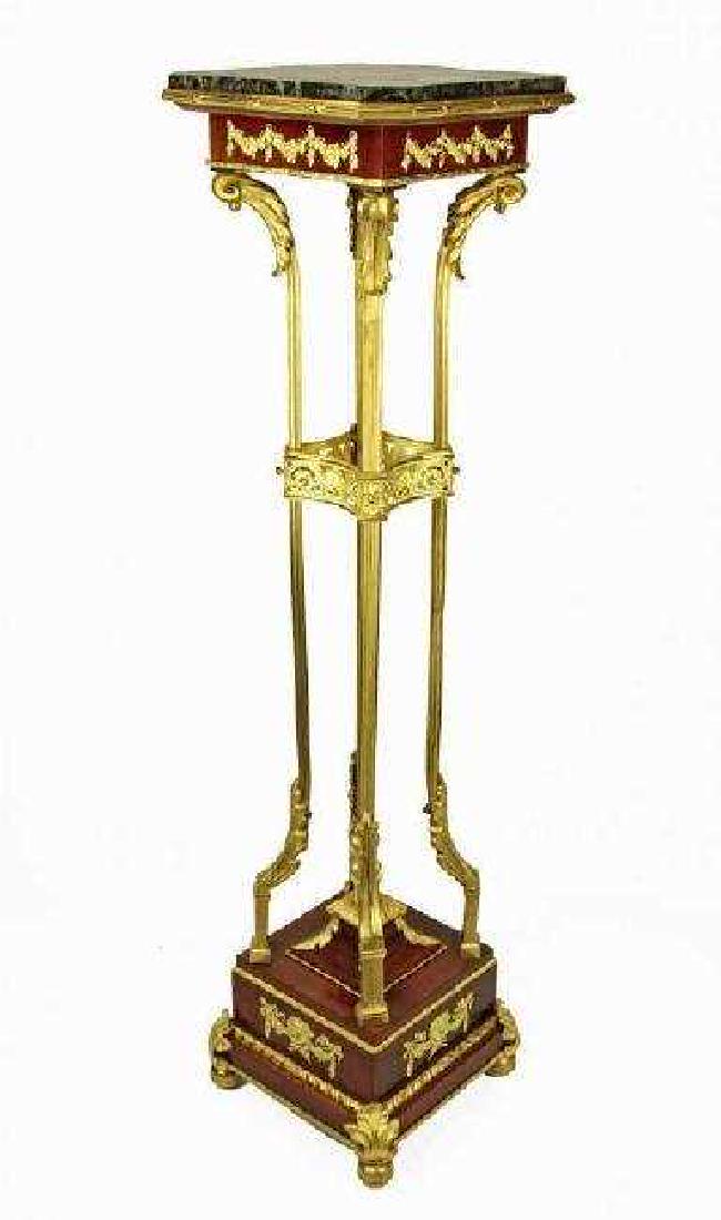 ANTIQUE FRENCH ORMOLU MOUNTED MARBLE TOP PEDESTAL: A magnificent marble top ormolu mounted pedestal. Measures 44" High. Excellent condition. Estimate $1.500-2.000