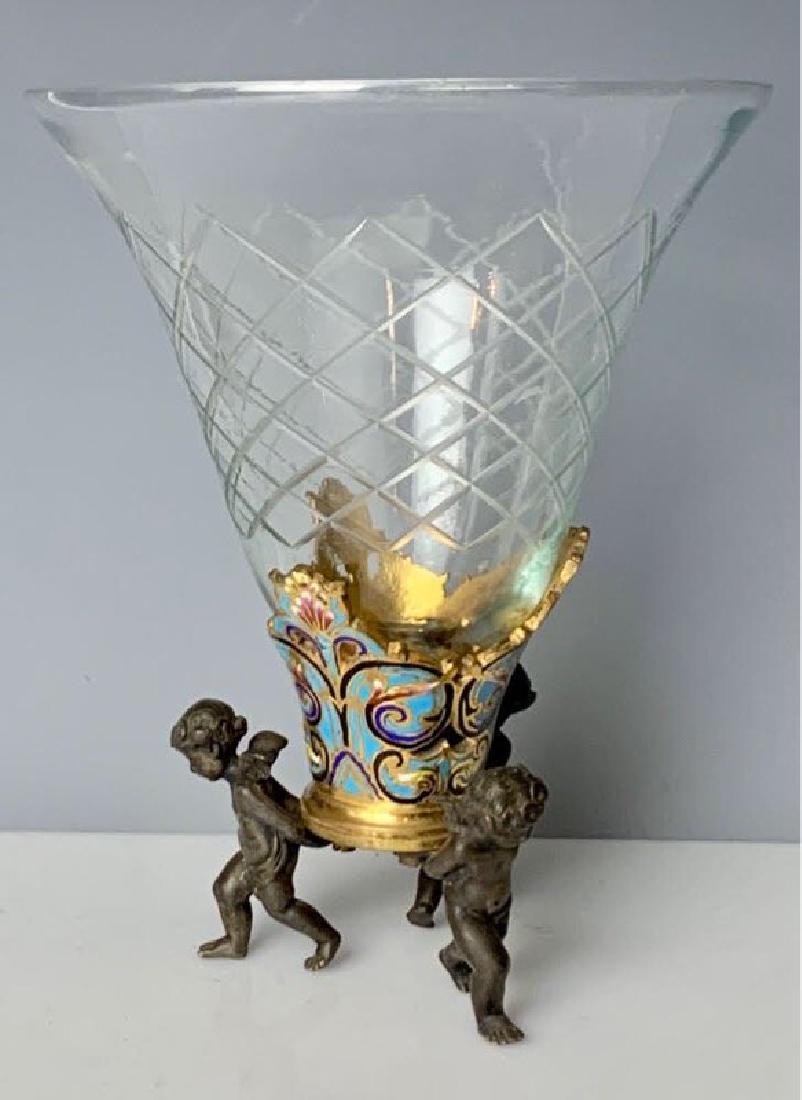 19TH C. FRENCH CHAMPLEVE ENAMEL AND CRYSTAL VASE: Measures 8" High. Excellent condition. Estimate $600-800