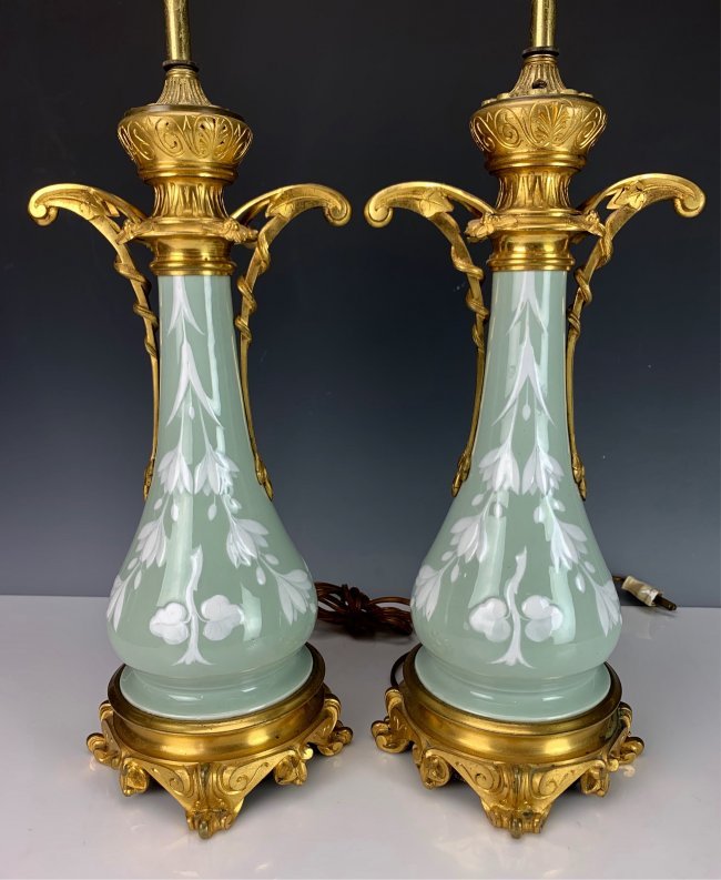 A PAIR OF FRENCH ORMOLU MOUNTED PATE SUR PATE LAMP: Circa 1880. Measure 21" to electrical switch. Excellent condition. Estimate $1.200-1.500