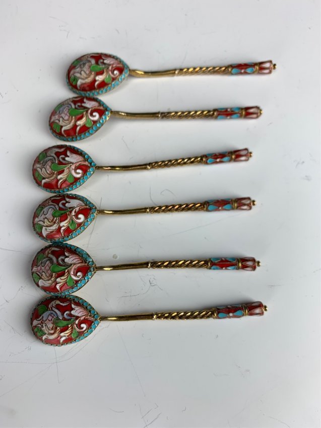 SET OF 6 ANTIQUE RUSSIAN ENAMEL SPOONS (1 of 3)
