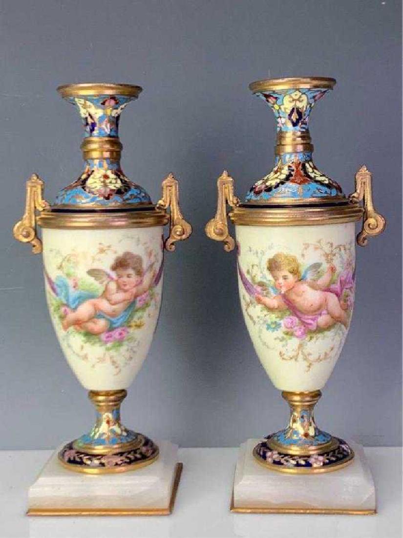 PAIR OF 19TH C. SEVRES AND CHAMPLEVE ENAMEL VASES (1 of 3)