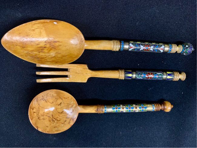 ANTIQUE RUSSIAN SILVER ENAMEL AND WOOD SPOON & FORK (1 of 4)