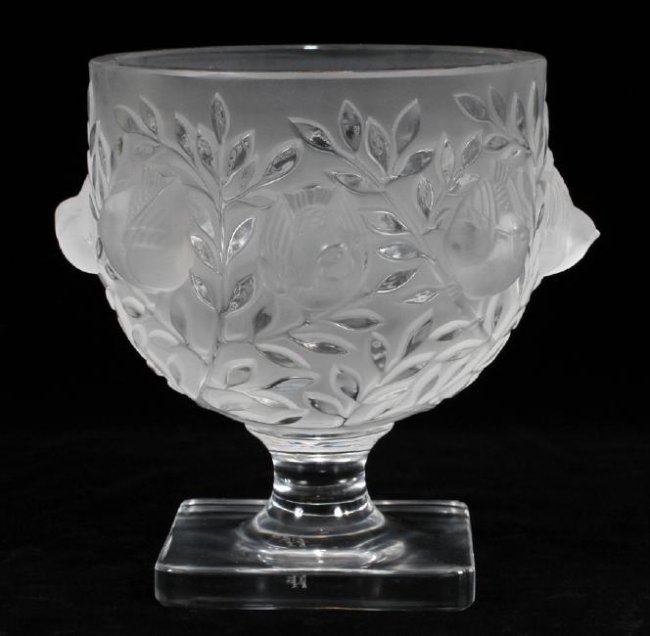 LALIQUE CRYSTAL VASE: LALIQUE CRYSTAL VASE, H 5.5", DIA 4.75":A frosted crystal Lalique vase, having the 'Elisabeth' pattern. This piece offers high relief birds adjacent to rhythmic foliage. Signature branding "Lalique, F