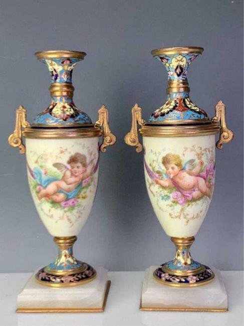 PAIR OF 19TH C. SEVRES AND CHAMPLEVE ENAMEL VASES (1 of 3)