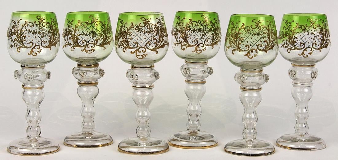 SET OF 6 SIGNED ENAMELED MOSER WINE GLASSES: Circa 1900. Measure 6.5" H. Good condition. All marked Moser. Estimate $800-1.000